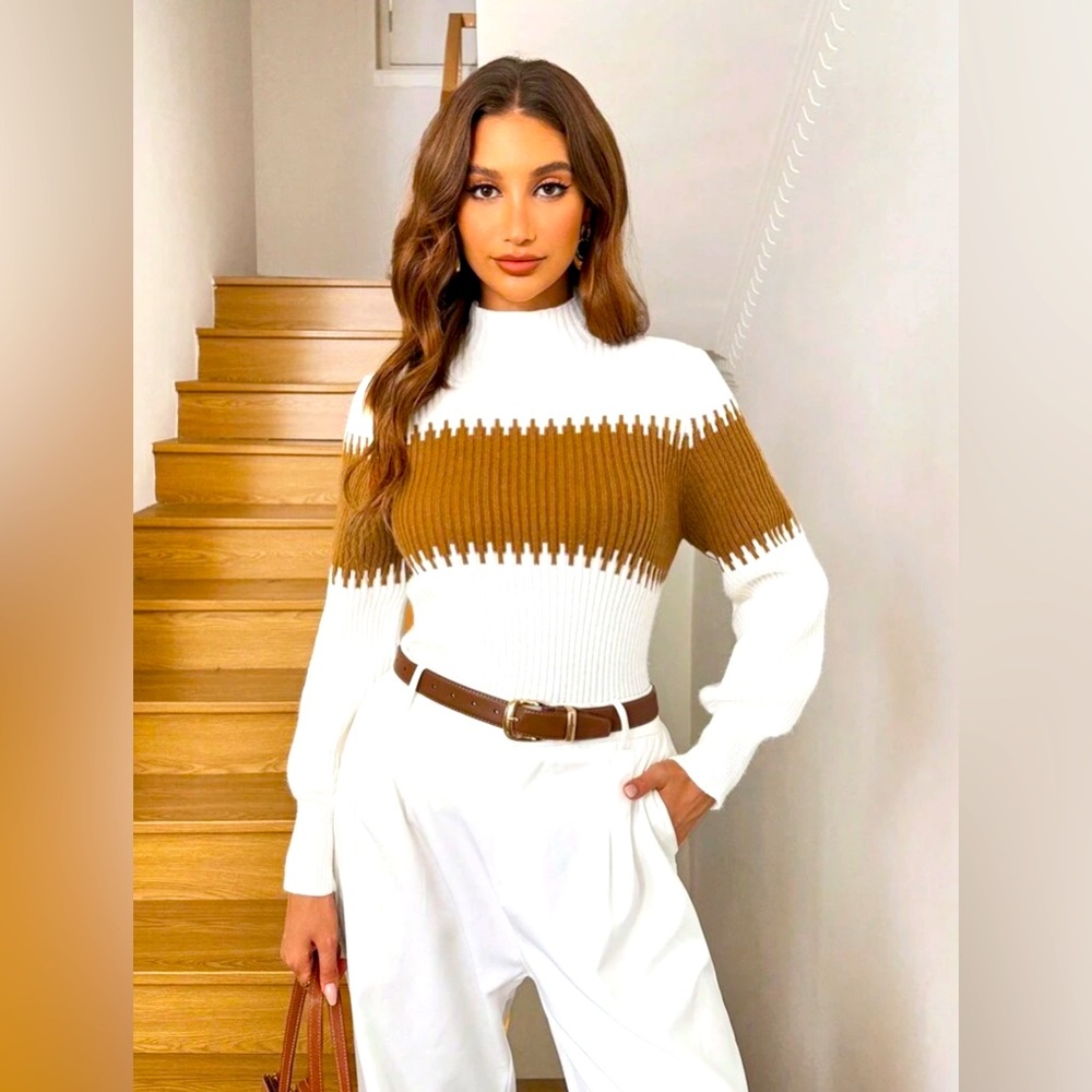 SHEIN White and Brown Turtleneck Sweater for Women size M like new